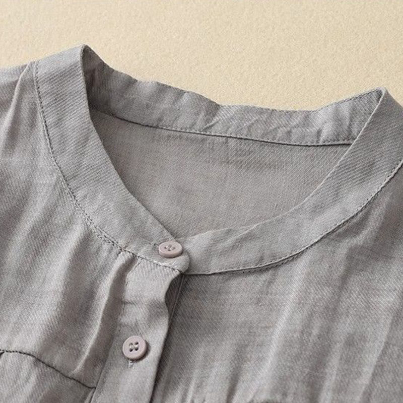 Buddha Stones 無地クルーネックボタンデザイン七分袖レディースシャツ - image 1