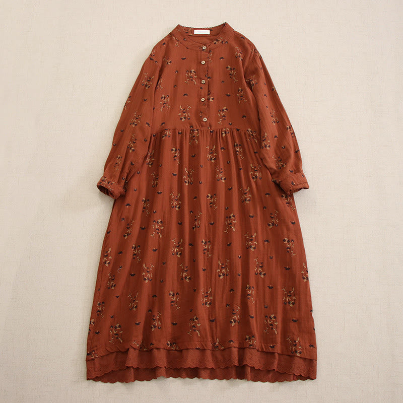 Buddha Stones 春の小花柄プリントボタンデザインクルーネック長袖ミディドレス（ポケット付き） - ファイアブリック - US4-8/10、 UK/AU8-12/14、 EU36-40/42 (F) - image 23