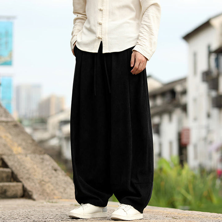Buddha Stones 秋冬 無地 伸縮性ウエスト ドローストリング メンズ ハーレムパンツ ポケット付き - image 16
