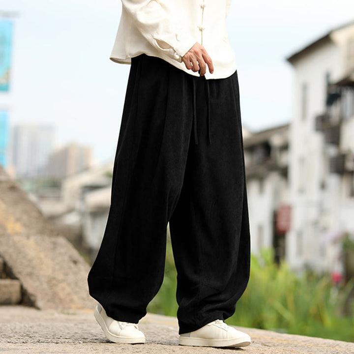 Buddha Stones 秋冬 無地 伸縮性ウエスト ドローストリング メンズ ハーレムパンツ ポケット付き - image 15