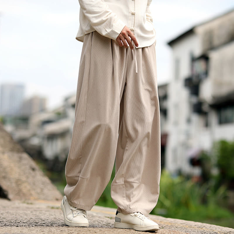 Buddha Stones 秋冬 無地 伸縮性ウエスト ドローストリング メンズ ハーレムパンツ ポケット付き - image 2