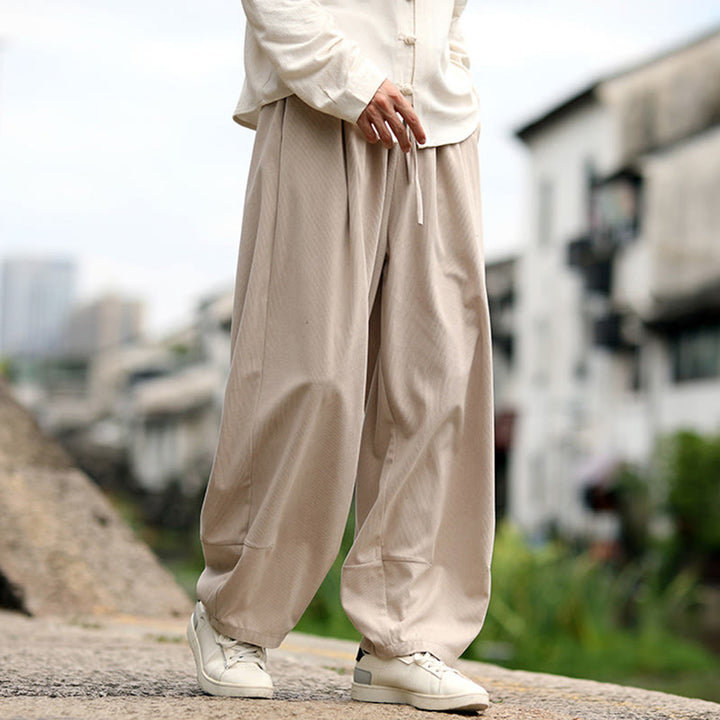 Buddha Stones 秋冬 無地 伸縮性ウエスト ドローストリング メンズ ハーレムパンツ ポケット付き - image 2