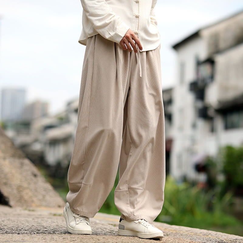 Buddha Stones 秋冬 無地 伸縮性ウエスト ドローストリング メンズ ハーレムパンツ ポケット付き - image 5