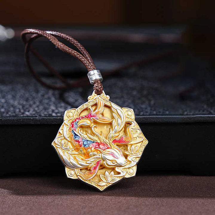 Buddha Stones 999スターリングシルバーのカラフルな鯉の彫刻が施された幸運のネックレスペンダント - 鯉（幸運♥豊かさ） - image 0