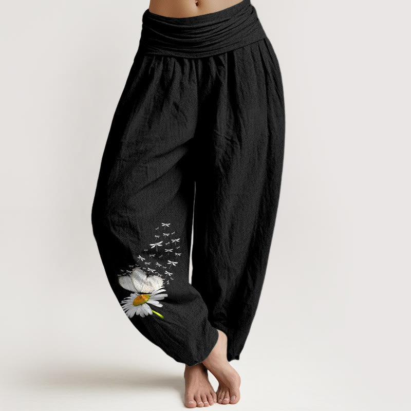 Buddha Stones ピュアコットン エレガント デイジー バタフライ トンボ柄 レディース 伸縮性ウエスト ハーレムパンツ - 黒 - US16、 UK/AU20、 EU48 (3XL) - image 5