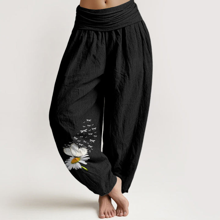 Buddha Stones ピュアコットン エレガント デイジー バタフライ トンボ柄 レディース 伸縮性ウエスト ハーレムパンツ - 黒 - US16、 UK/AU20、 EU48 (3XL) - image 5