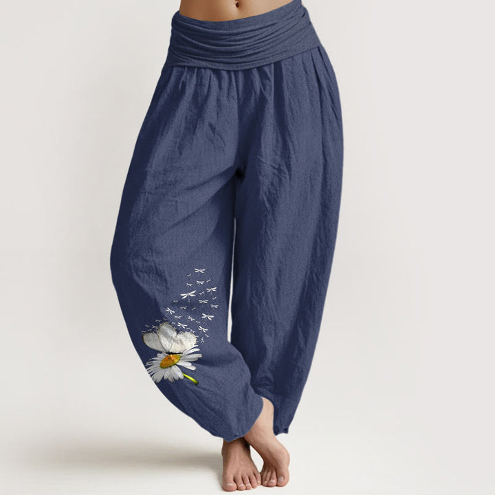 Buddha Stones ピュアコットン エレガント デイジー バタフライ トンボ柄 レディース 伸縮性ウエスト ハーレムパンツ - ダークスレートブルー - US16、 UK/AU20、 EU48 (3XL) - image 8