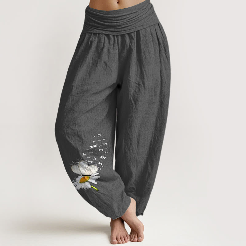 Buddha Stones ピュアコットン エレガント デイジー バタフライ トンボ柄 レディース 伸縮性ウエスト ハーレムパンツ - ディムグレー - US16、 UK/AU20、 EU48 (3XL) - image 11