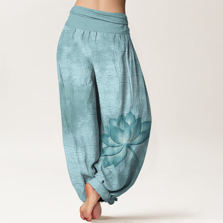 Buddha Stones コットンライトカラー ロータスウェーブライン柄 レディース 伸縮性ウエスト ハーレムパンツ - image 1
