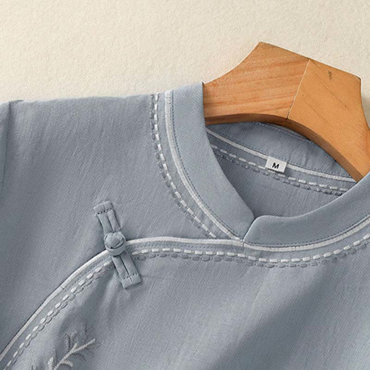 Buddha Stones 夏 スタンドカラー 半袖 無地 レディース フロッグボタン コットンシャツ ポケット付き - image 4