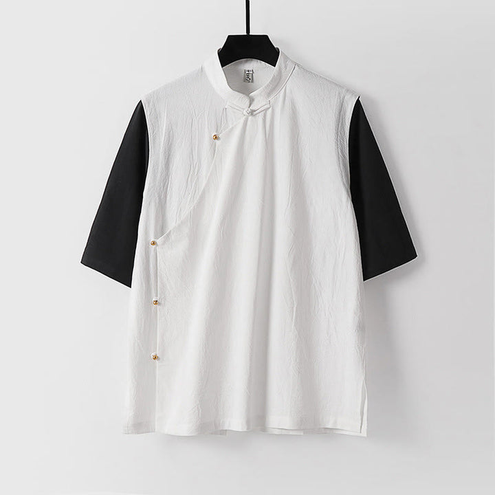 Buddha Stones 夏 2 in 1 ストライプ スタンドカラー 半袖 フロッグボタン メンズ コットンシャツ - 白 - US/UK/AU54、 EU64 (9XL) - image 2