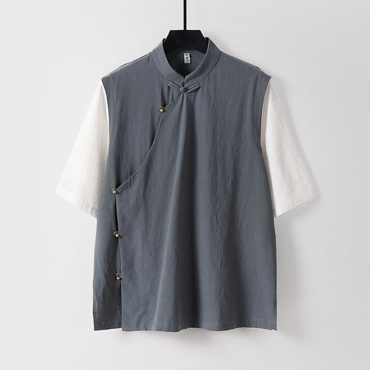 Buddha Stones 夏 2 in 1 ストライプ スタンドカラー 半袖 フロッグボタン メンズ コットンシャツ - グレー - US/UK/AU54、 EU64 (9XL) - image 0