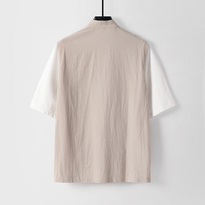 Buddha Stones 夏 2 in 1 ストライプ スタンドカラー 半袖 フロッグボタン メンズ コットンシャツ - image 8