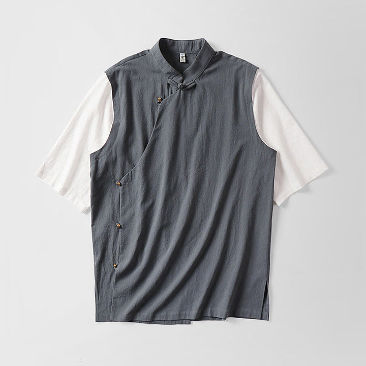 Buddha Stones 夏 2 in 1 ストライプ スタンドカラー 半袖 フロッグボタン メンズ コットンシャツ - image 1