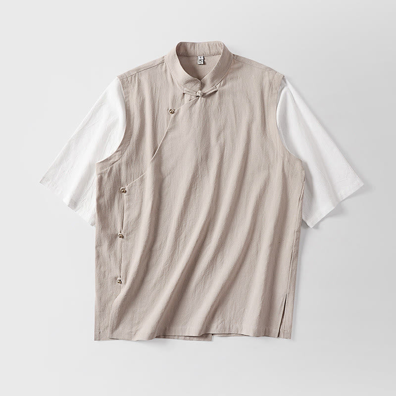 Buddha Stones 夏 2 in 1 ストライプ スタンドカラー 半袖 フロッグボタン メンズ コットンシャツ - image 7