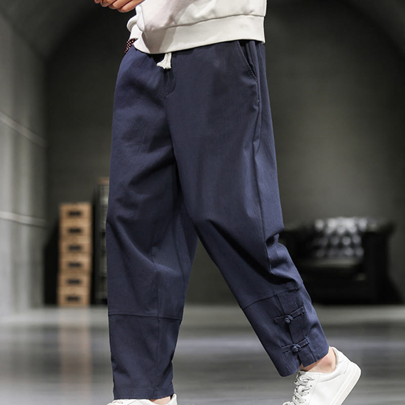 Buddha Stones ドローストリング、伸縮性ウエスト、フロッグボタン、足首丈、ポケット付きメンズコットンパンツ - image 32