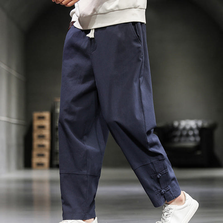 Buddha Stones ドローストリング、伸縮性ウエスト、フロッグボタン、足首丈、ポケット付きメンズコットンパンツ - image 32