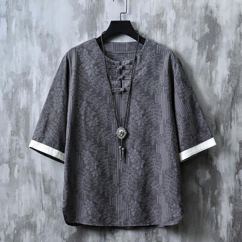 Buddha Stones 夏用花柄フロッグボタン半袖コットンメンズシャツ - グレー - US/UK/AU48、 EU58 (6XL) - image 3