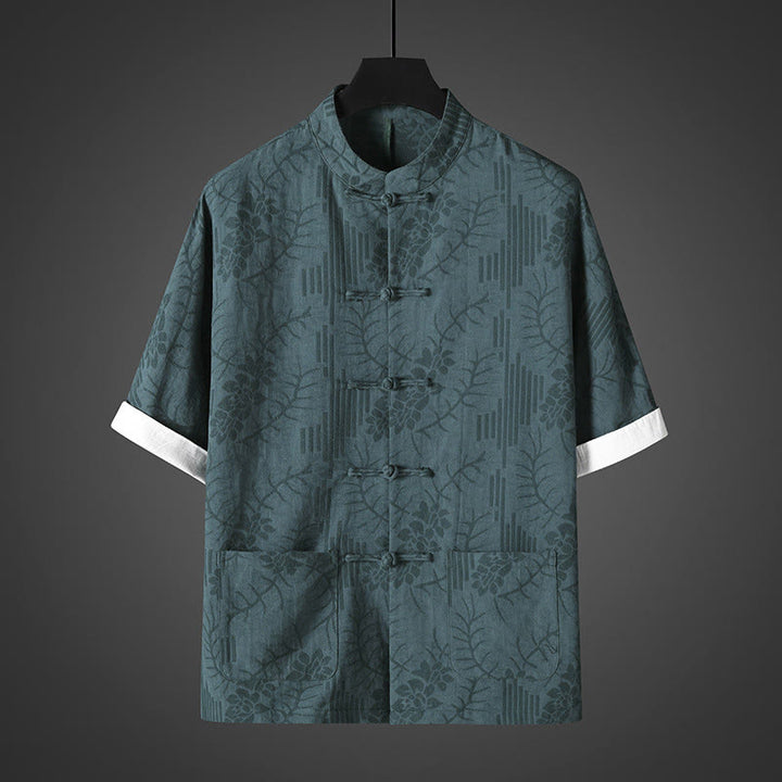 Buddha Stones 夏用カエルボタン半袖花柄コットンメンズシャツ - ティール - US/UK/AU46、 EU56 (5XL) - image 4