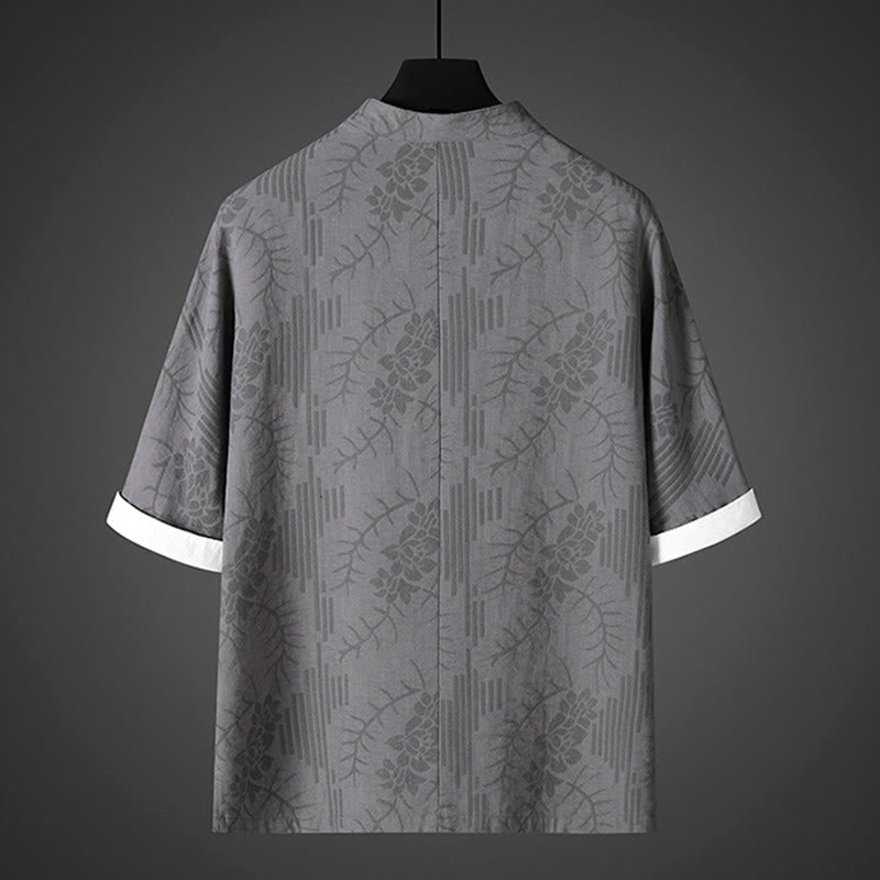 Buddha Stones 夏用カエルボタン半袖花柄コットンメンズシャツ - image 1