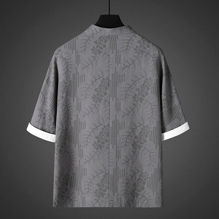 Buddha Stones 夏用カエルボタン半袖花柄コットンメンズシャツ - image 1