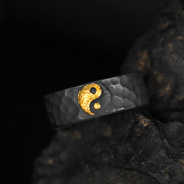 Buddha Stones ハンドメイド 999 スターリングシルバー 999 ゴールド陰陽テクスチャード バランスリング - image 2