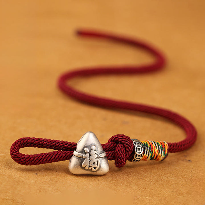 Buddha Stones 999スターリングシルバーフーキャラクター粽子型チャーム幸運繁栄ロープブレスレット - image 2