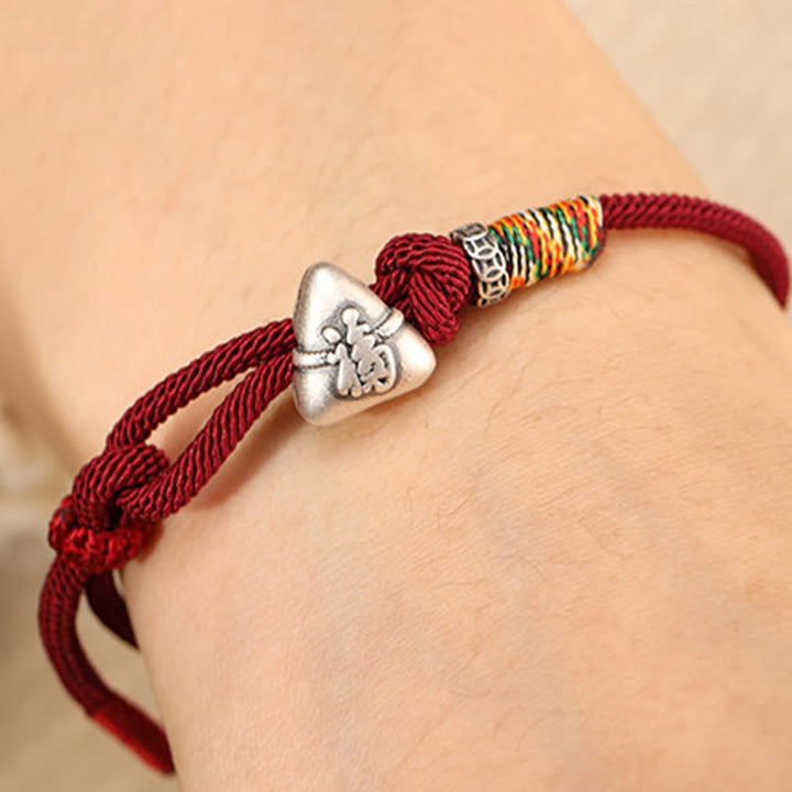 Buddha Stones 999スターリングシルバーフーキャラクター粽子型チャーム幸運繁栄ロープブレスレット - image 4