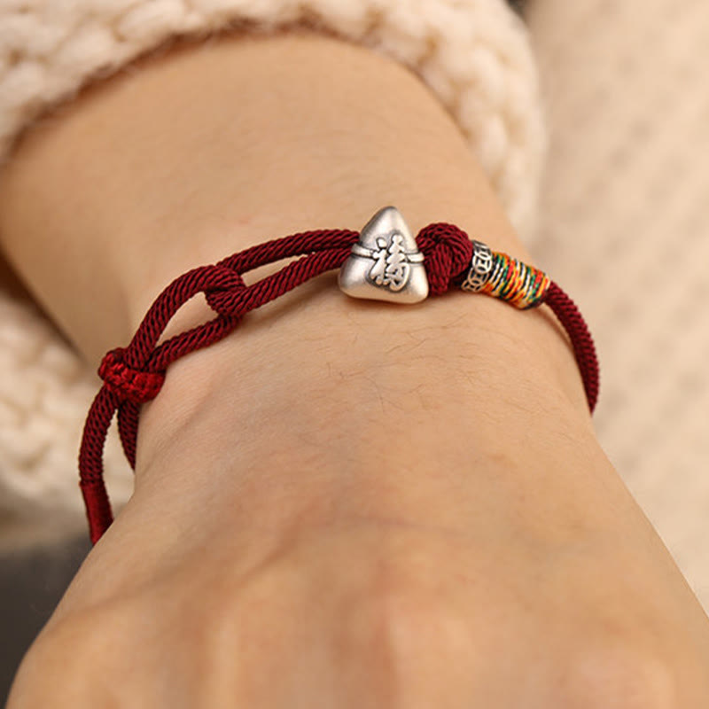 Buddha Stones 999スターリングシルバーフーキャラクター粽子型チャーム幸運繁栄ロープブレスレット - image 11