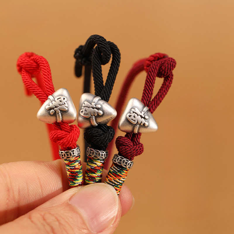 Buddha Stones 999スターリングシルバーフーキャラクター粽子型チャーム幸運繁栄ロープブレスレット - image 1