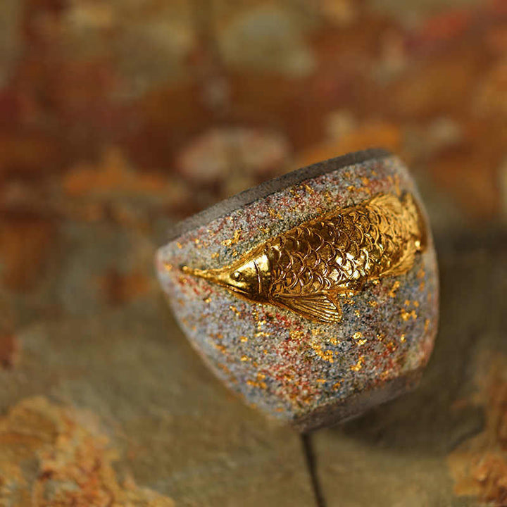 Buddha Stones ゴールデンアロワナ鯉陶器ティーカップカンフーティーカップ - image 3