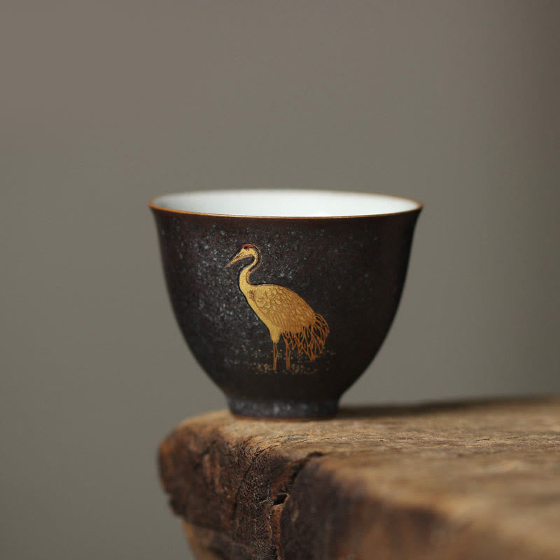 Buddha Stones 小さな手描きの金鶴陶器ティーカップカンフーティーカップ40ml - 鶴立ち 6cm×4.8cm×40ml - image 1