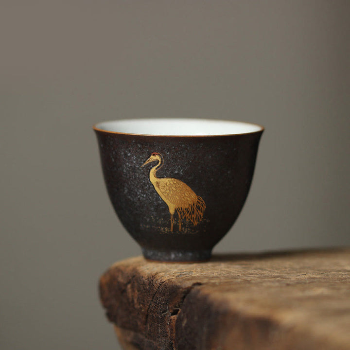 Buddha Stones 小さな手描きの金鶴陶器ティーカップカンフーティーカップ40ml - 鶴立ち 6cm×4.8cm×40ml - image 1