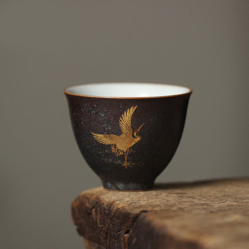 Buddha Stones 小さな手描きの金鶴陶器ティーカップカンフーティーカップ40ml - クレーンダンス 6cm*4.8cm*40ml - image 5