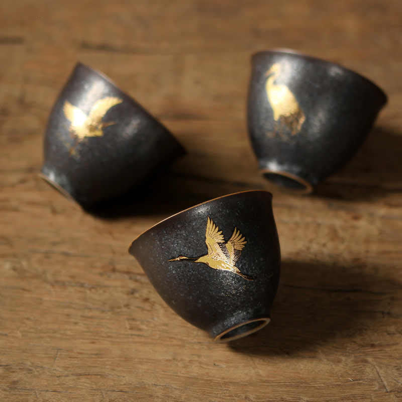 Buddha Stones 小さな手描きの金鶴陶器ティーカップカンフーティーカップ40ml - image 8