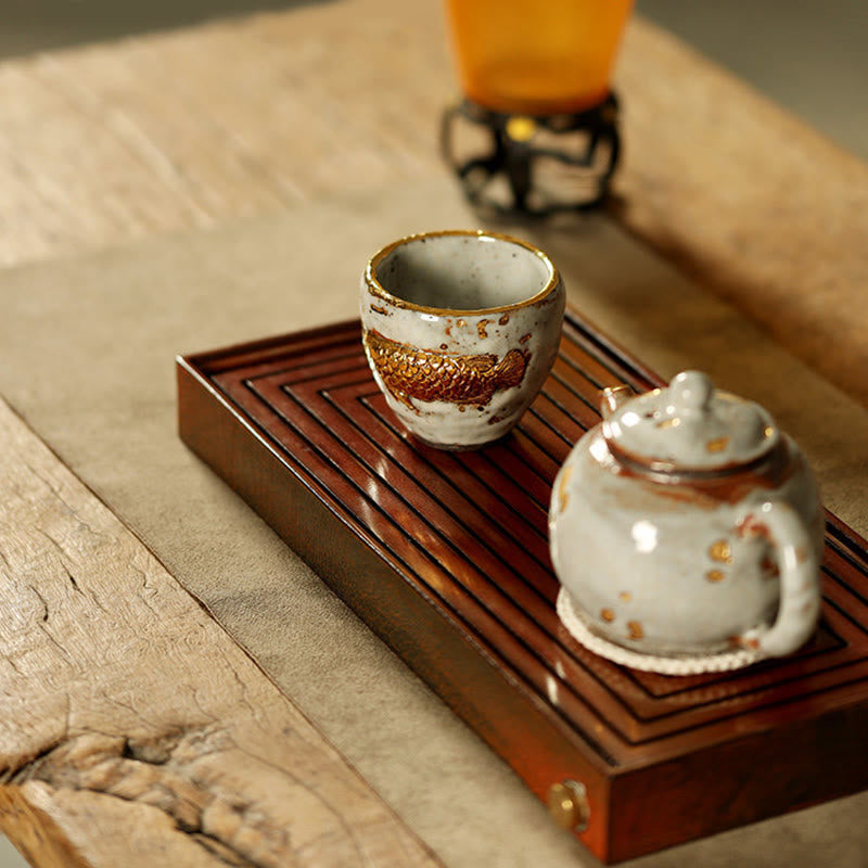 Buddha Stones 手作りのゴールデンアロワナ鯉陶器ティーカップカンフーティーカップティーポット - image 11
