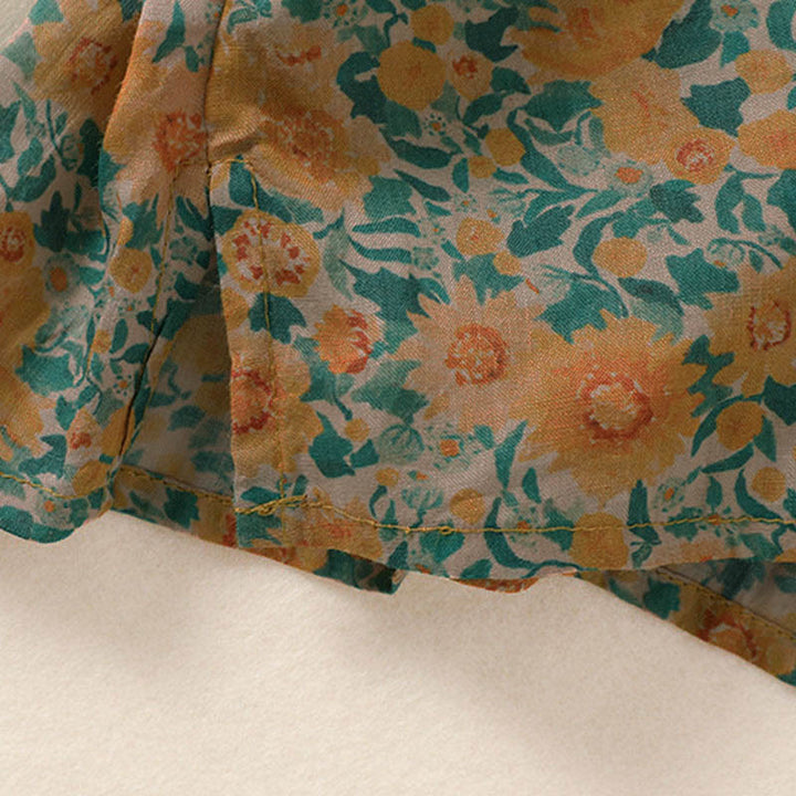 Buddha Stones 夏用カエルボタンスタンドカラー半袖花柄レディースコットンシャツ - image 4