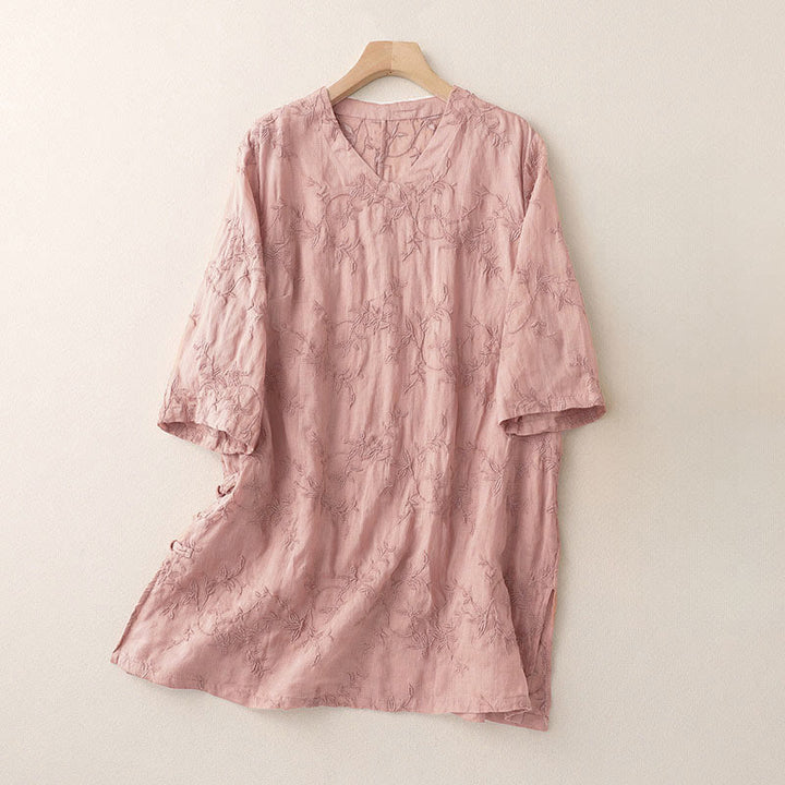 Buddha Stones 春のVネック長袖リーフ柄レディースコットンシャツ - ピンク - US8-10，UK/AU12-14，EU40-42 (2XL) - image 0