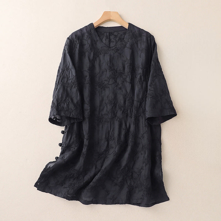 Buddha Stones 春のVネック長袖リーフ柄レディースコットンシャツ - 黒 - US8-10，UK/AU12-14，EU40-42 (2XL) - image 5