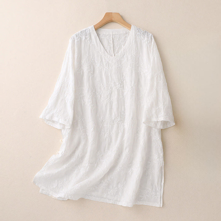 Buddha Stones 春のVネック長袖リーフ柄レディースコットンシャツ - 白 - US8-10，UK/AU12-14，EU40-42 (2XL) - image 6