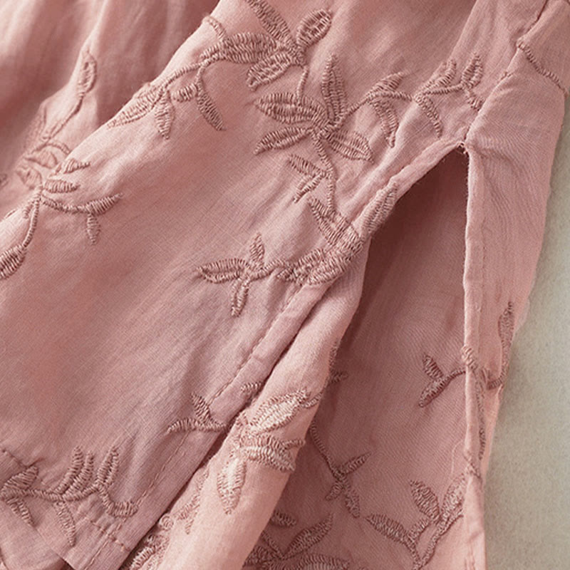 Buddha Stones 春のVネック長袖リーフ柄レディースコットンシャツ - image 3