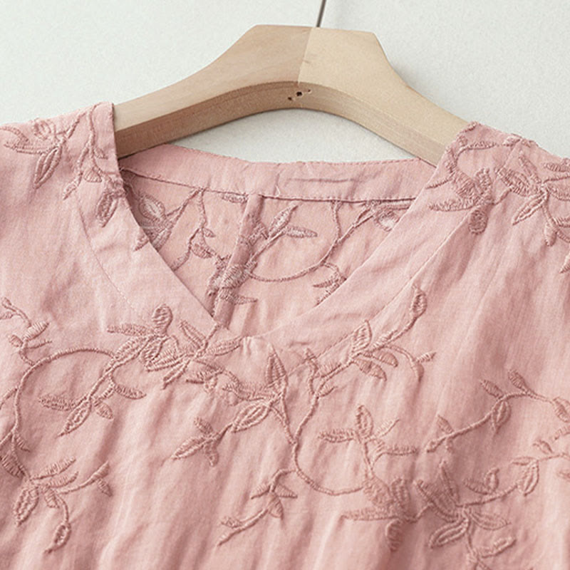 Buddha Stones 春のVネック長袖リーフ柄レディースコットンシャツ - image 1