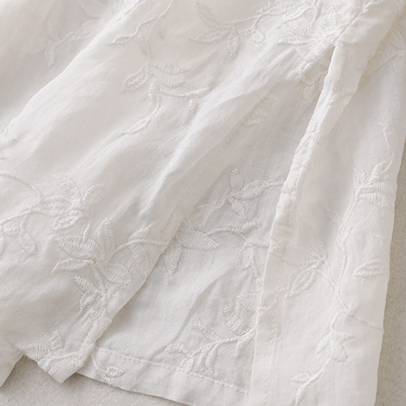 Buddha Stones 春のVネック長袖リーフ柄レディースコットンシャツ - image 13