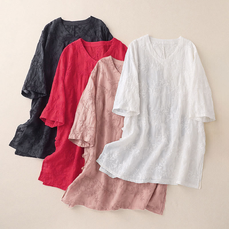 Buddha Stones 春のVネック長袖リーフ柄レディースコットンシャツ - image 15