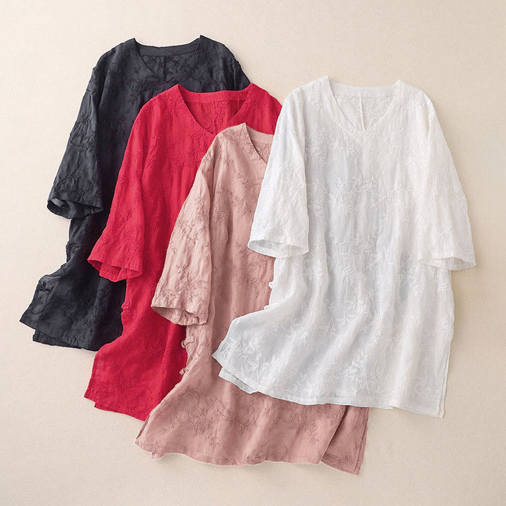 Buddha Stones 春のVネック長袖リーフ柄レディースコットンシャツ - image 15