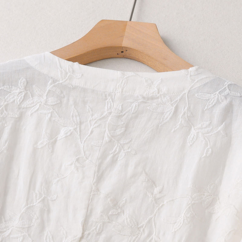 Buddha Stones 春のVネック長袖リーフ柄レディースコットンシャツ - image 12