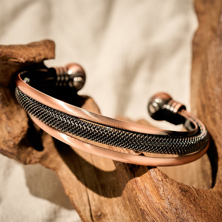 Buddha Stones レトロな質感の花柄ツイスト銅バランス幸運オープンカフブレスレットバングル - image 2