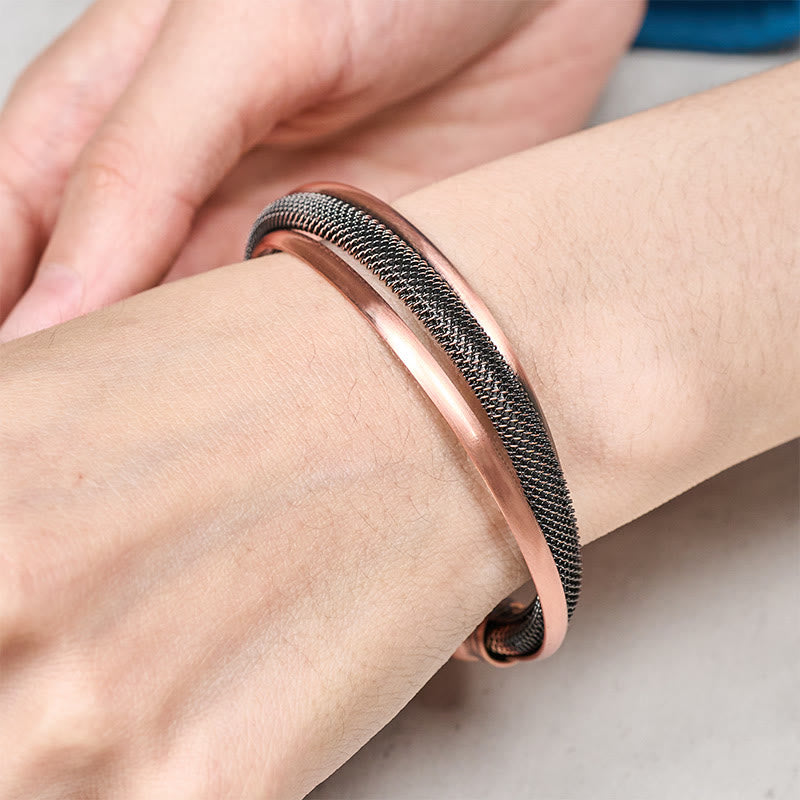 Buddha Stones レトロな質感の花柄ツイスト銅バランス幸運オープンカフブレスレットバングル - image 3