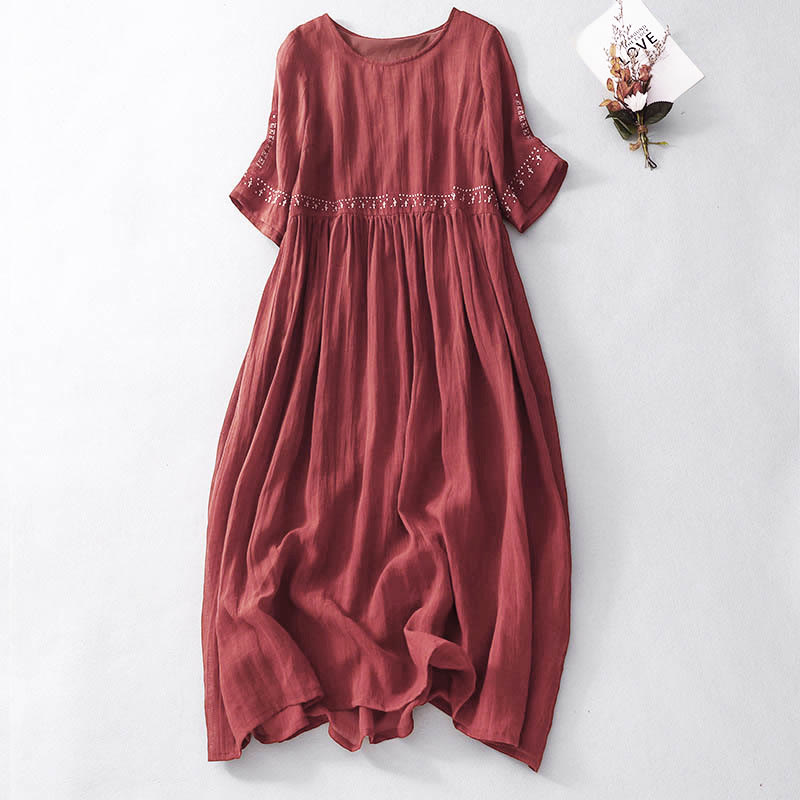 Buddha Stones無地刺繍入り半袖コットンミディドレス（ポケット付き） - 耐火レンガ - US12、 UK/AU16、 EU44 (2XL) - image 16