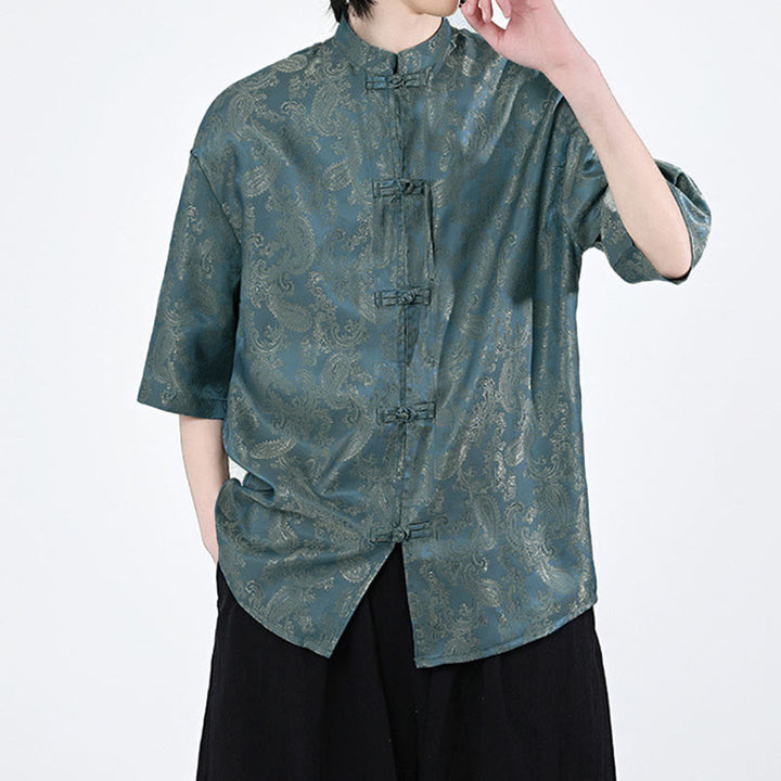 Buddha Stones 夏用カエルボタン半袖つる葉花柄メンズシャツ - image 2